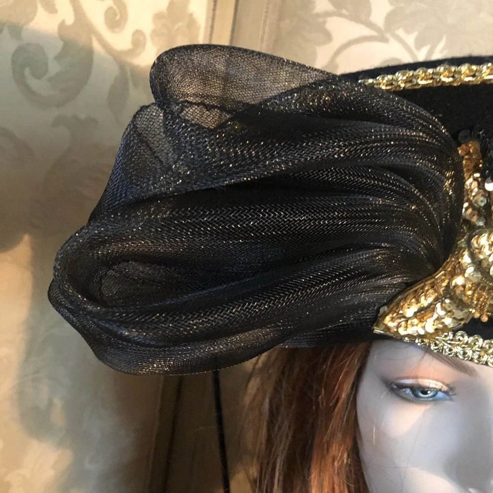 Vintage Couture Wide Brim Black & Gold Hat - Picture 4 of 14